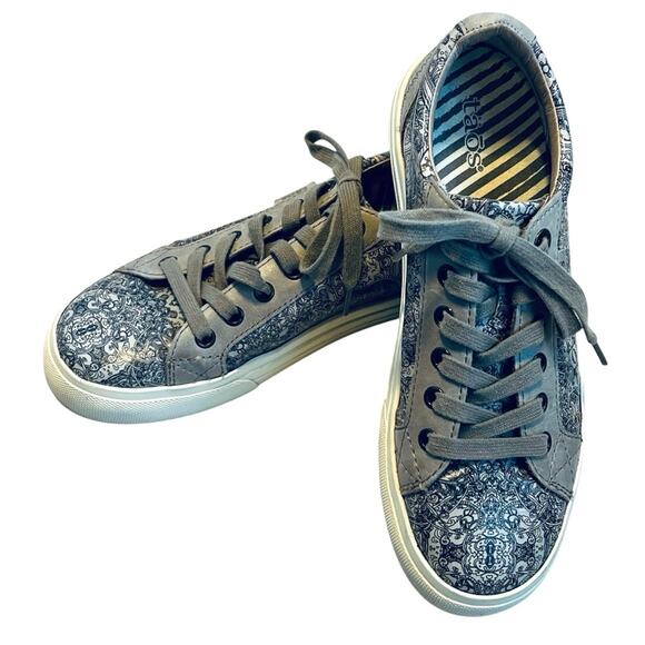 Taos Women’s Sz 7.5 Gray Paisley Taupe Leather Sneaker Plim Soul Lux Lace Up - Picture 2 of 11